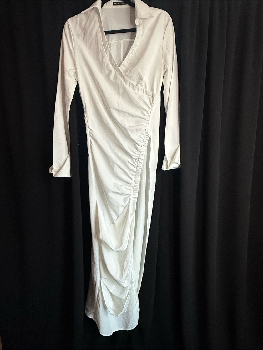 White Long-Sleeve Ruched Wrap Maxi Dress
